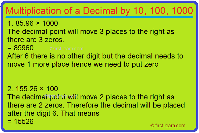 Multiplication of a Decimal by 10, 100, 1000