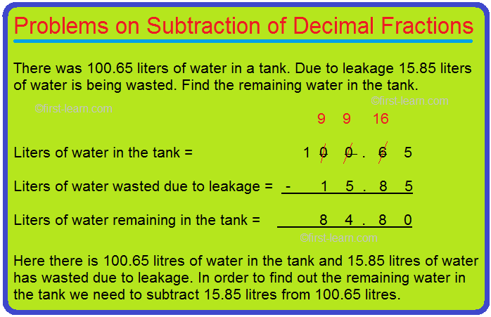 Problems on Subtraction of Decimal Fractions