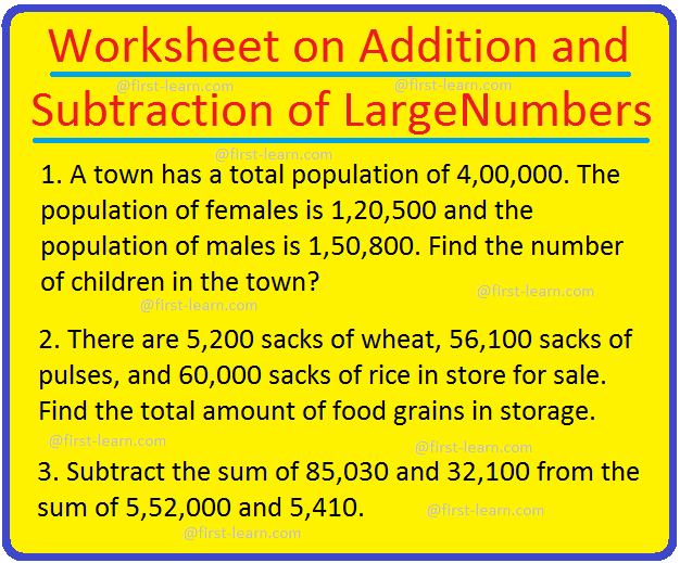 Worksheet on Addition and Subtraction of Large Numbers